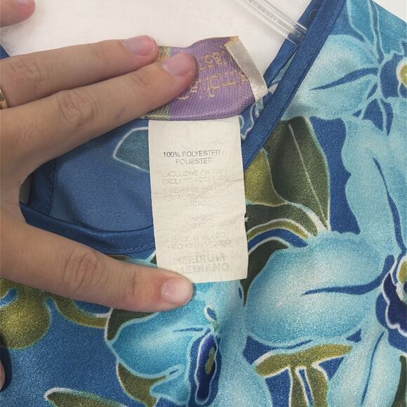 Vintage California Dynasty Blue Floral Satin Pajama Lounge Set Top Pants Medium - Picture 5 of 16